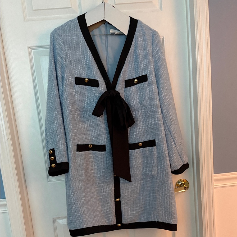 Pomander Place  Light Blue Tweed Bow-Front Cardigan with Black Trim